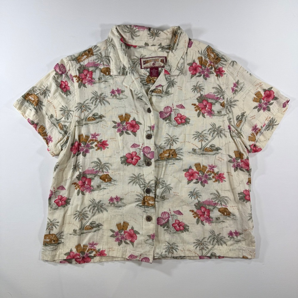 Caribbean Joe Hawaiian Shirt Womans L Floral Palm Tree Coastal Beach Vacation